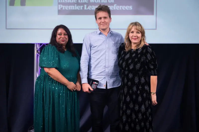 William Ralston of The Guardian collects the Sports Journalism prize at the British Journalism Awards 2023. Picture: ASV Photography for Press Gazette