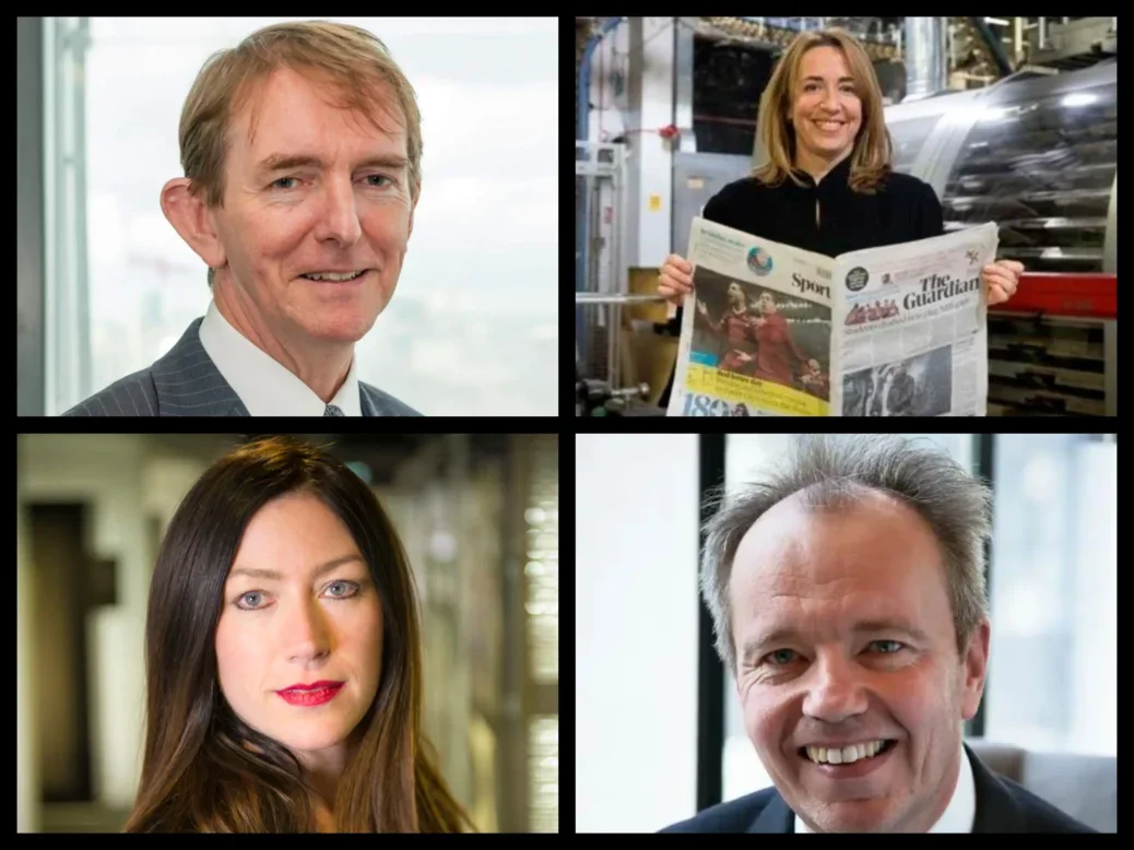 National newspaper editors clockwise from top left: Tony Gallagher of The Times, Katharine Viner of The Guardian, Ted Verity of the Daily Mail, and Victoria Newton of The Sun